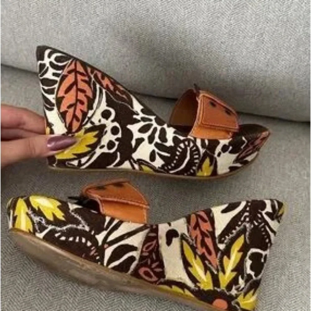 Wedge Slide Sandals in Orange and Brown with Floral Platform